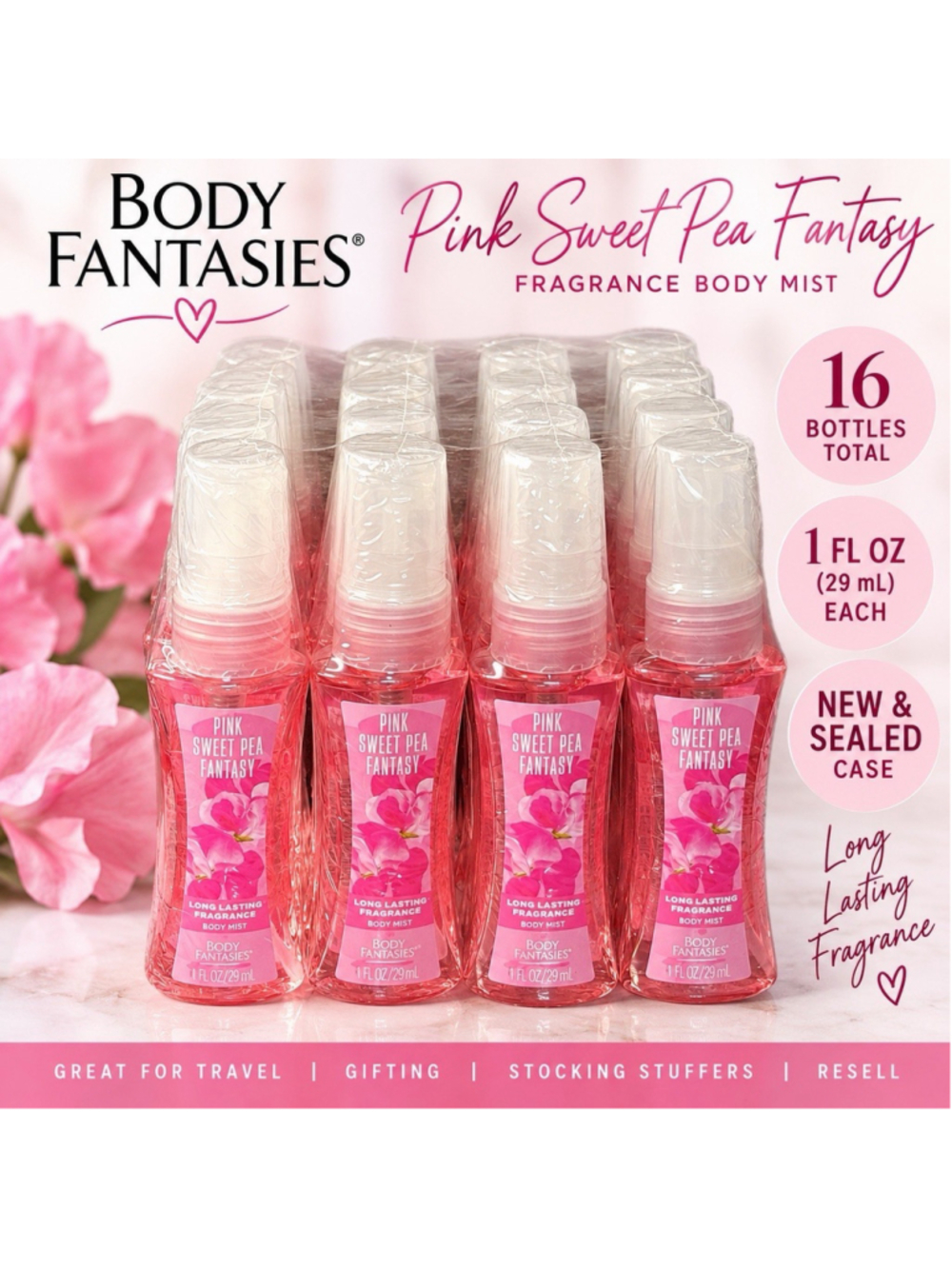 Body Fantasies Pink Sweet Pea Fantasy Body Mist 1 oz Lot of 16 NEW Sealed Case